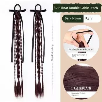 False Braids Women s Grip Ponytail Bows Ribbon Double Twist Braid Hair Accessories Low Tie New Chinese Style False Braids Ponytail Hair band ribbon braid [dark brown] a pair