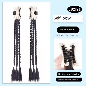 False Braids Women s Grip Ponytail Ins Style Ribbon Double Twist Braid New Chinese Style Low Tie Hair Accessories False Braids Ponytail White Bows Boxing Braid [Nature Black] Pair