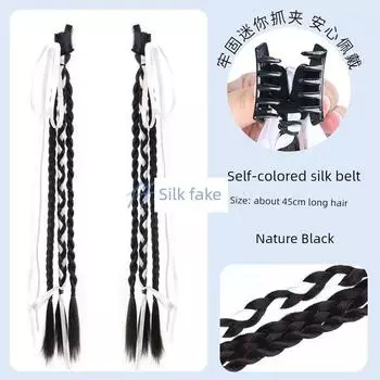 False Braids Women s Grip Ponytail Ribbon Cable Stitch Long Braid Hair Accessories National Style New Chinese Style Lop Eared Rabbit Wig Ponytail White ribbon clip horsetail [Nature Black] a pair