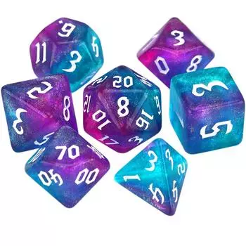 Family Party Two-tone Dice Set 7-Die Iridescent Glitter Polyhedral Dice Carved Pattern Dice Set Aqua+Purple