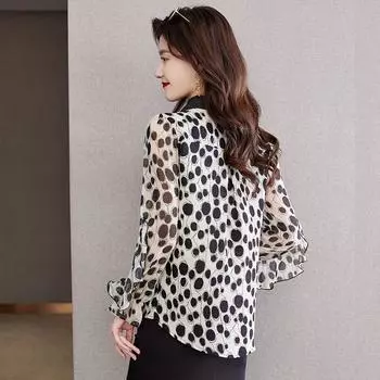 Famous Brand Long-Sleeved Top All-Match Bow Silk Shirt Black M