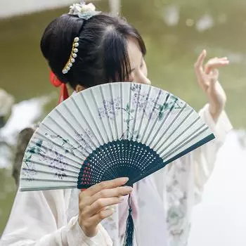 Fan Folding Fan Hanfu Female Cheongsam Dance Dance Children Students Summer Portable Folding Small Fan red and willow green