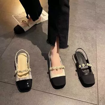 Fan Jieya 2024 летние французские сандалии на плоской подошве, маленькие ароматные, стильные, новые, с сумкой на голове, твидовые, с неглубоким горлом, плоские туфли для женщин, для поездок на работу 35 чёрный