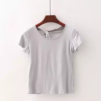 [Fan] Shopping Mall Brand Discount Women s round Neck Soft Elastic Lined Shoelace Yoga Sports T-shirt 3s259 Grey 2XL/175