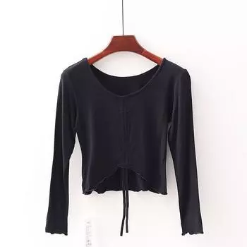 [Fan] Shopping Mall Brand Discount Women s High Elasticity Drawstring Lace Crop Top Ice Silk Yoga Sports T-shirt 4x001 Black M/160