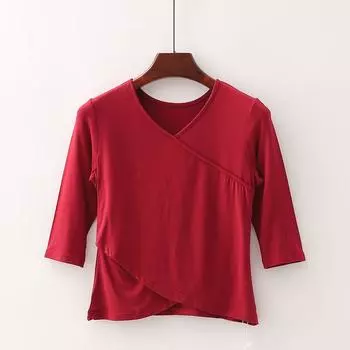 [Fan] Shopping Mall Brand Discount Women s Stretch Silm V Neck Smooth Mid-Sleeve Dance Yoga Dance T-shirt 8b011 Wine Red S/155