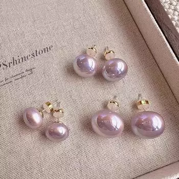 Fancy 925 Silver Needle Shijia Aurora Purple Steamed Bread Pearl Stud Earrings Female Elegant Earrings Niche Style Unique Earrings Summer [8+10] Shi Jia Aurora Purple Pearl Two Pair