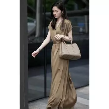 Fancy Acetate Fabric Elegant Loose Long Dress Women 2025 Summer V-neck Lace-up Pure Color Chic Dress Picture Color L