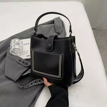 Fancy All-Matching Wide Shoulder Strap Work Clothing Satchel Crossbody Bag Black without pendant