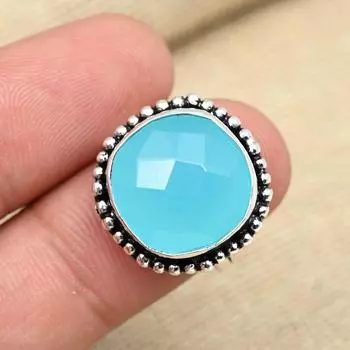 Fancy Aqua Chalcedony Gemstone Solid 925 Sterling Silver Ring Ювелирные изделия ручной работы 4 синий