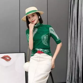 Fancy Chic Small Shirt Spring Beautiful Turtleneck Bottoming Shirt Female T-Shirt Silm Mesh Middle-Sleeve Green Tops Green S