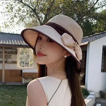 Fancy Face Cover Sun-Proof Hat Women s Two-Color Bows Big Brim Bucket Hat K-style Summer Outdoor Sun Hat 8820-khakis