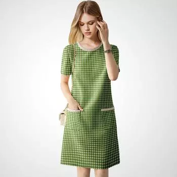 Fancy Houndstooth Classic Style Dress Summer 2025 New Arrival Socialite Western Style Fashion Elegant Straight Dress Green- M