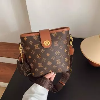 Fancy Niche Style Bucket Bags Women s 2025 Summer New Arrival Fashion Shoulder Small Bag Print Wide Shoulder Strap Crossbody Women s Bag Brown