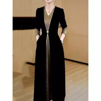 Fancy Patchwork V-neck Slimming Velvet Black Dress Women s 2025 Fall and Winter New Arrival Elegance Hepburn Style Waist A- line Skirt Black M