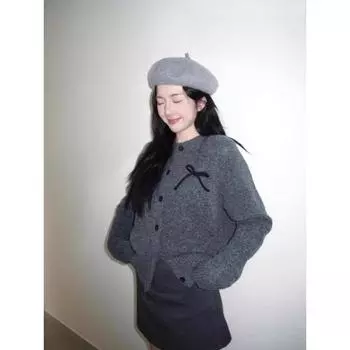 Fancy Retro Gray Knitting Cardigan Female 2025 Spring Atmosphere Three-Dimensional Bows Outerwear Sweater Outwear Grey S