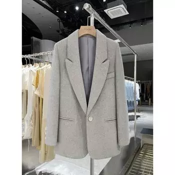 Fancy Small Suit Outwear Women s K-style Herringbone Pattern Elegant Woolen Cloth off-Season Autumn and Winter New Arrival Retro Winter Blue-Gray M