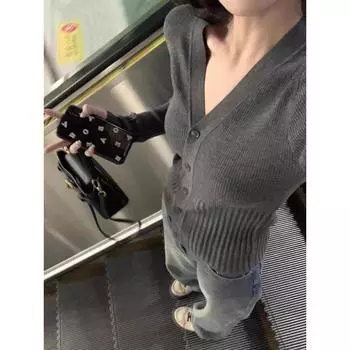 Fancy Sweater Outwear Soft Glutinous V-neck Sweater Dark gray S [Suggested 35.00 kg-45.00 kg]]