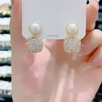 Fancy White Pearl Earrings Full Diamond Square Silver Needle Gold