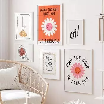 Фанки Пицца Паста Клубника Маргаритка Чайник Цветы Абстрактные Плакаты Печать Настенное Искусство Холст Картины для Кухни Гостиная Декор 21x30cm No Framed светло-зеленый