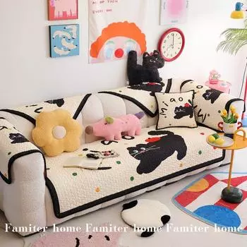 Fanmit Cute Cat Fabric Sofa Cushion All Year Round Neutral New Arrival Non Slip Cover Cloth Modern Cartoon Sofa Cover Meow Kitten [All Year Round Scrub]] 70*70cm