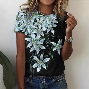 Fanshion 3D Flower Print Y2k Graphic T Shirts Женские повседневные футболки с коротким рукавом Топы Цветочные Harajuku Pretty Женская одежда S