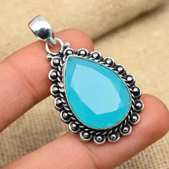 Фантастический синий драгоценный камень халцедон ручной работы из стерлингового серебра 925 пробы ювелирный кулон для нее 1.77 Inches синий