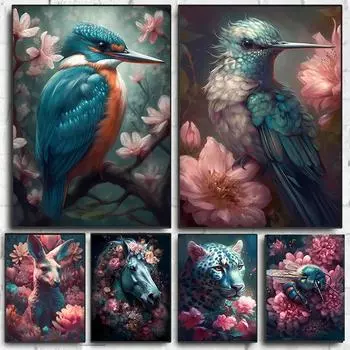 Fantasy Flower Animal Posters Prints Hummingbird Kingfisher Bird Horse Canvas Painting Wall Art Pictures Home Living Room Decor 21cm30cm NoFrame