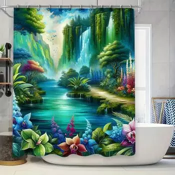 Fantasy Forest Shower Curtain Waterproof Bath Decoration Green Leaves Flowers Print 180x240cm (B36) W90xH180cm