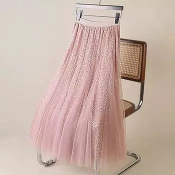 Fantasy French sequined skirt women s 2025 new pendant feeling high waist and thin A-shaped pendulum umbrella skirt beads one size fits all розовый