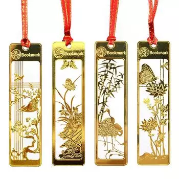 Fantasyon Bookmark Bookmarking Bookmarking Shikunshi Plum Orchid Bamboo Chrysanthemum Openwork Old Style Series Classic Metal Vintage