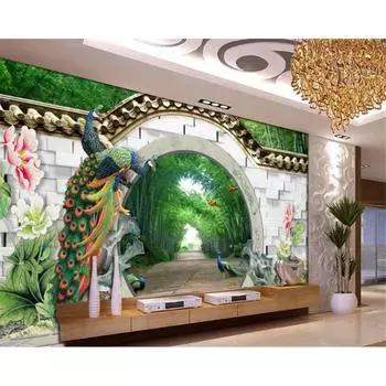 Фэнтези 3D Обои Весенний Бамбуковый Лес Настенная Роспись Арки Кирпичная Стена Павлин Пион Обои Домашний Декор 200 cm(W) x 140 cm(H)