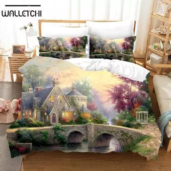 Фэнтези картина маслом Постельное белье Дом Мост Пейзаж Пододеяльник Комплект Спальня Кровать Постельное белье Декор Роскошный подарок Queen King Size EU single(135x200cm)