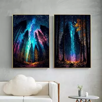 Фэнтези Магия Полночь Картина Печать Холст Настенный Арт Плакат Мечтательный Лес Звездная Картина для Гостиной Домашний Декор Cuadros 21x30cm No Framed