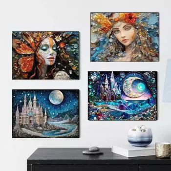 Фэнтези Мозаика Принцесса Замок Ракушка Сращивание Абстрактный Плакат Печать На Холсте Настенное Искусство Украшения Картина для Дома Декор Комнаты 21cm30cm NoFrame