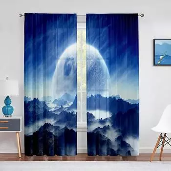 Фэнтези Планета Облака Небо Горы Голубая Луна Прозрачная Штора для Гостиной Кухни Спальни Окна Шифон Тюль Вуаль Шторы 1 PCS W100XH250cm&Rod Pocket