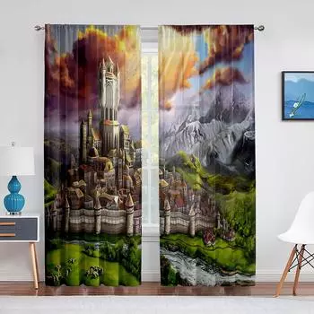Фэнтези Замок Город Рядом Горы Прозрачная Вуаль Шторы Лес Река Окно Тюль Шторы для Гостиной Спальни Современный Декор 1 PCS W100XH250cm&Rod Pocket
