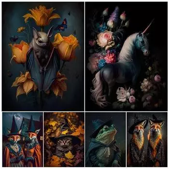 Фэнтезийный единорог и лягушка-заклинатель, настенный художественный принт, лиса ведьма, кошка-ведьма, античная летучая мышь, черный ворон, волшебное животное, художественный плакат, печать без рамки 21*30cm