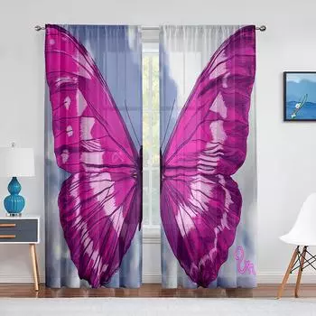 Фэнтезийный фиолетовый бабочка, прозрачная вуаль, занавеска с крыльями бабочки, шифоновые оконные тюлевые шторы для гостиной, спальни, кухни 1 PCS W100XH250cm&Rod Pocket