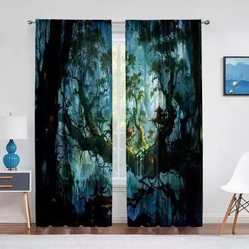 Фэнтезийный лес, фея, эльфийское королевство, эльфийский домик на дереве, прозрачная вуаль, занавеска для гостиной, спальни, декор, кухонное окно, тюлевая занавеска 1 PCS W100XH250cm&Rod Pocket