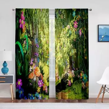 Фэнтезийный Зачарованный Зеленый Лес, прозрачная вуаль, занавеска с грибами и цветочным принтом, тюлевые шторы для гостиной, спальни, кухни, декор 1 PCS W100XH250cm&Rod Pocket