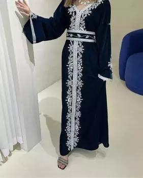 Фараша Марокканский кафтан ручной работы Платье Длинное исламское Дубай Стильная Абая XS темно-синий