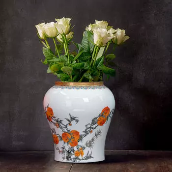 Фарфоровая ваза высотой 7,5 дюймов с крышкой в азиатском дизайне для свадеб и вечеринок оранжевый