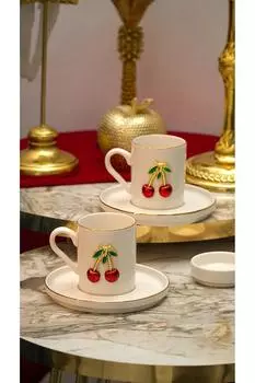 Фарфоровый кофейный сервиз Dream Cherry Gold с позолотой, 4 предмета, на 2 персоны, 100 мл