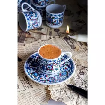 Фарфоровый набор чашек для турецкого кофе с узором из плитки Топкап на 6 персон, 12 предметов