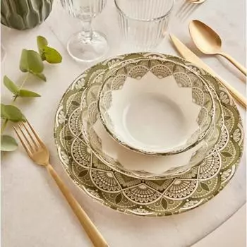Фарфоровый набор Мандала, 12 предметов, на 4 персоны, зеленый, 100% фарфор
