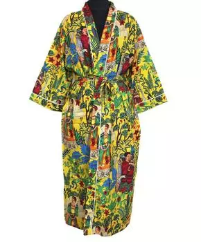 Фарида Кало Цветочные хлопковые кимоно Ночные халаты Свадебные халаты Пляжные халаты ручной работы One Size разноцветный