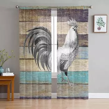 Farm Animal Rooster Wood Grain Sheer Curtains for Living Room Decoration Window Curtains Kitchen Tulle Voile Organza Curtains W135 x H115cm x1