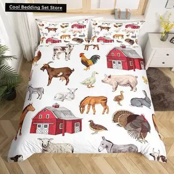 Farm Animals King Queen Duvet Cover Rooster Sheep Pig Cow Bedding Set Farmhouse Country Comforter Cover Polyester Quilt Cover EU single(135x200cm)