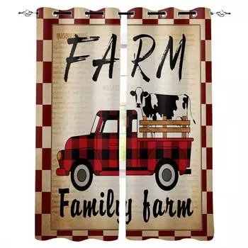 Farm Cow Vintage Truck Retro Old Newspaper Red Plaid Blackout Curtains Kitchen Bedroom Kids Room Window Curtains for Living Room W135 x H60cm